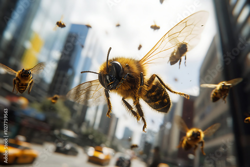 Close up of a killer bees flying around urban background photo