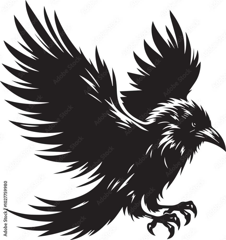 Fototapeta premium Black Crow Bird Silhouette isolated on a white background Minimalist crow vector illustration