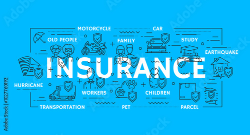 Insurance line icons of vector car, health, travel and home safety, accident and finance risk insurance with umbrellas and shields. House, vehicle, people, pets, delivery and transport outline symbols