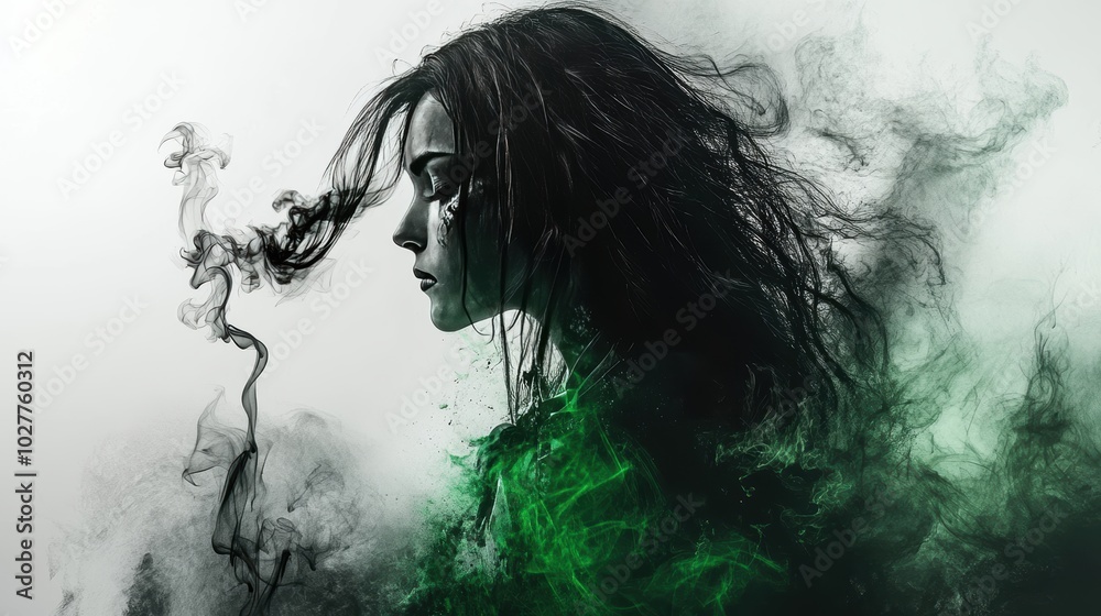 Ashtray shown in black and white ink spread heavily with green jump against white stark background. Smoke forms the shape of a long haired woman. Full back tattoo with multicolored ink. Ashtray shown in black and white ink spread heavily with green jump against white stark background. Smoke forms the shape of a long haired woman. Full back tattoo with multicolored ink.