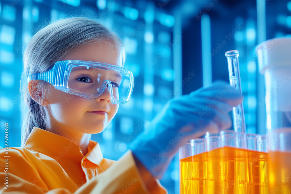 A young scientist conducting experiments in a bright laboratory filled with colorful liquids A young scientist conducting experiments in a bright laboratory filled with colorful liquids