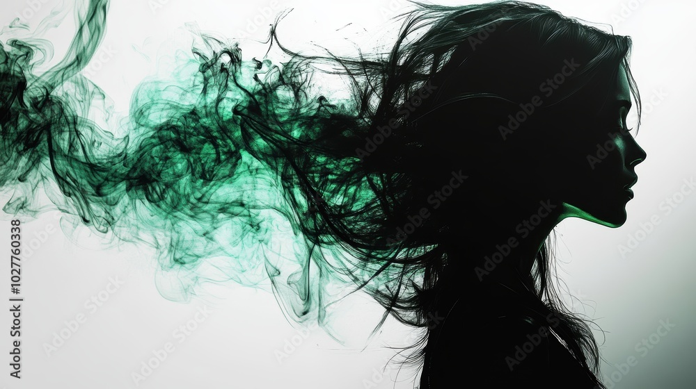 Ashtray shown in black and white ink spread heavily with green jump against white stark background. Smoke forms the shape of a long haired woman. Full back tattoo with multicolored ink. Ashtray shown in black and white ink spread heavily with green jump against white stark background. Smoke forms the shape of a long haired woman. Full back tattoo with multicolored ink.