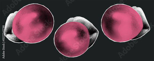Halftone collage banner, cut out newspaper mouths blowing pink bubbles from bubble gum. Paper lips, girly elements on dark background.