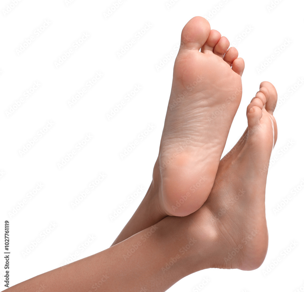 Woman with smooth feet on white background, closeup Woman with smooth feet on white background, closeup