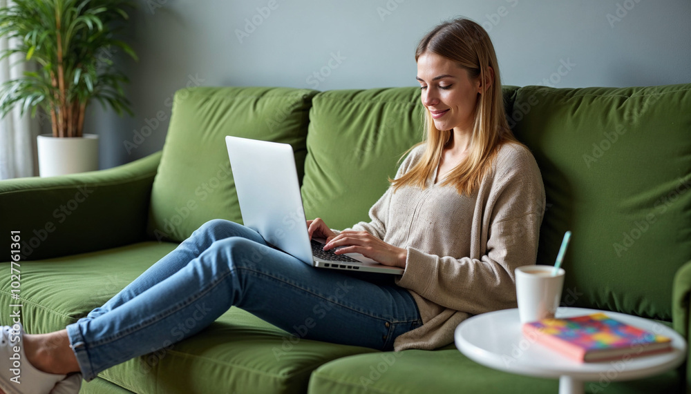 Flexible workspace: A White woman with straight hair working on a laptop while lounging on a plush green couch, with a small white side table holding a latte and a colorful notebook. Flexible workspace: A White woman with straight hair working on a laptop while lounging on a plush green couch, with a small white side table holding a latte and a colorful notebook.