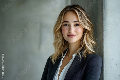 Blonde Woman in White Shirt and Blazer Against Grey Wall