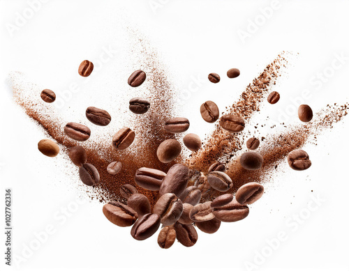 An explosion of coffee beans against a white background
