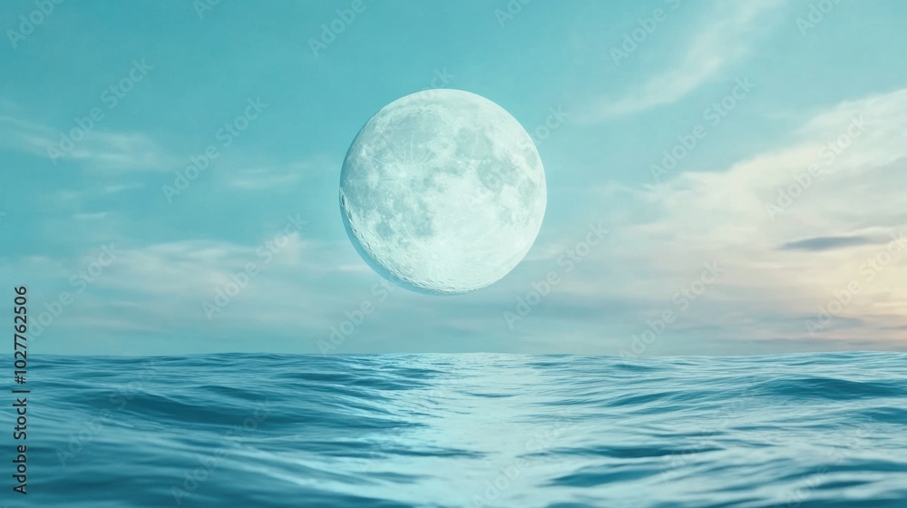 A full moon hovers over a tranquil ocean, casting a serene glow on the water, AI