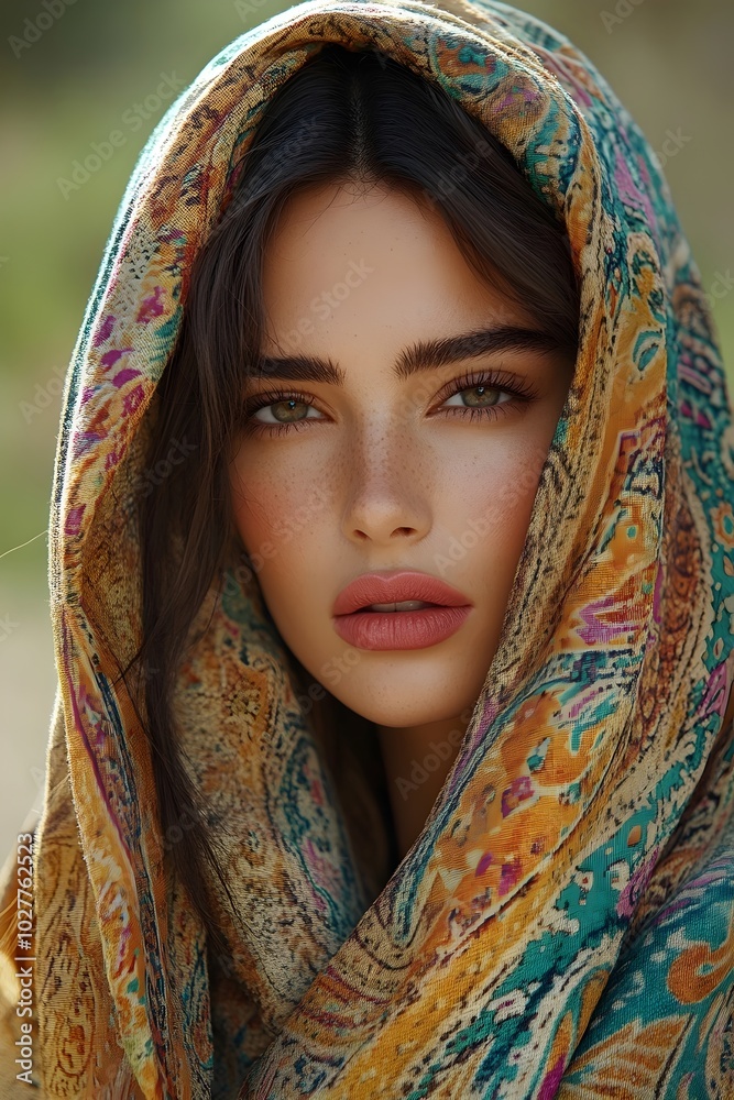 A young woman with long, dark hair gazes directly at the camera, her face partially obscured by a colorful scarf. The scarf's vibrant patterns add a touch of mystery and intrigue. A young woman with long, dark hair gazes directly at the camera, her face partially obscured by a colorful scarf. The scarf's vibrant patterns add a touch of mystery and intrigue.