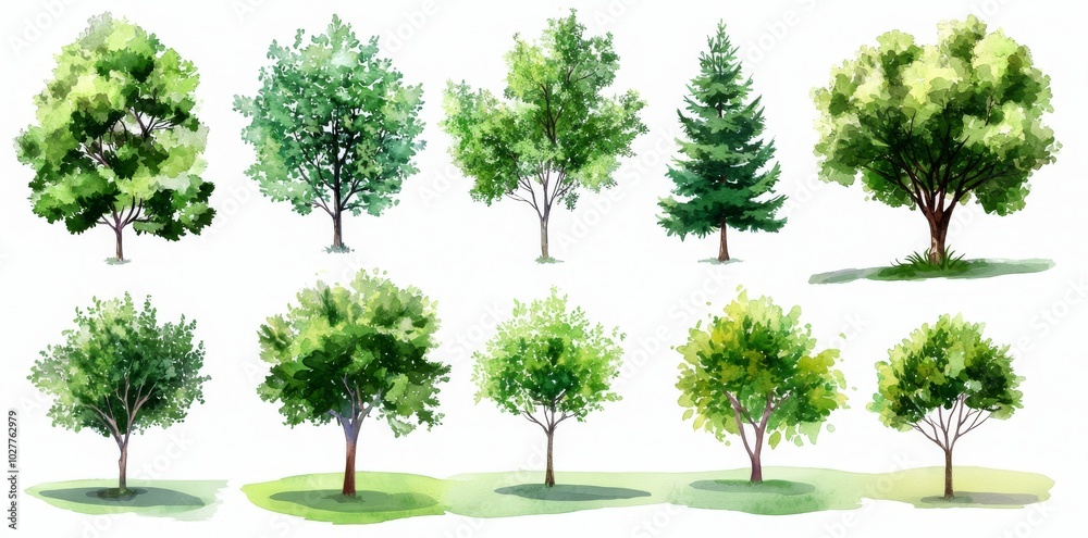 Obraz premium Watercolor tree collection. Handdrawn forest tree collection. Stock-generated trees.