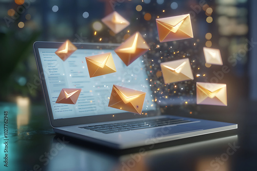 3d render of laptop with flying envelope and letters. Communication concept