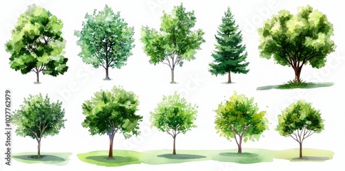 Watercolor tree collection. Handdrawn forest tree collection. Stock-generated trees.