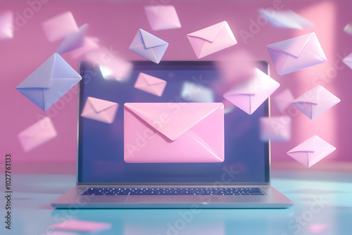 3d render of laptop with flying envelope and letters. Communication concept