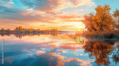 The sky ignites in vibrant hues as the sun sets, casting colorful reflections on the calm water surrounded by autumn foliage. Generative AI