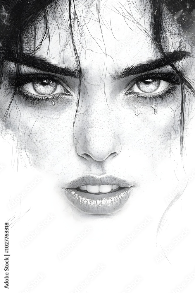 Obraz premium Close-up of a woman's face, drawn in pencil, her eyes are wide open and she is looking at the camera, her mouth is slightly open and she has a determined look on her face.
