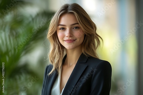 Confident Blonde Businesswoman in a Black Blazer with Clear Skin