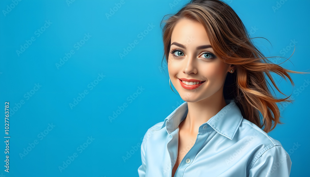 Photo of tricky lovely girl wear glamour shirt winking you eye empty space isolated blue color background isolated with white highlights, png Photo of tricky lovely girl wear glamour shirt winking you eye empty space isolated blue color background isolated with white highlights, png