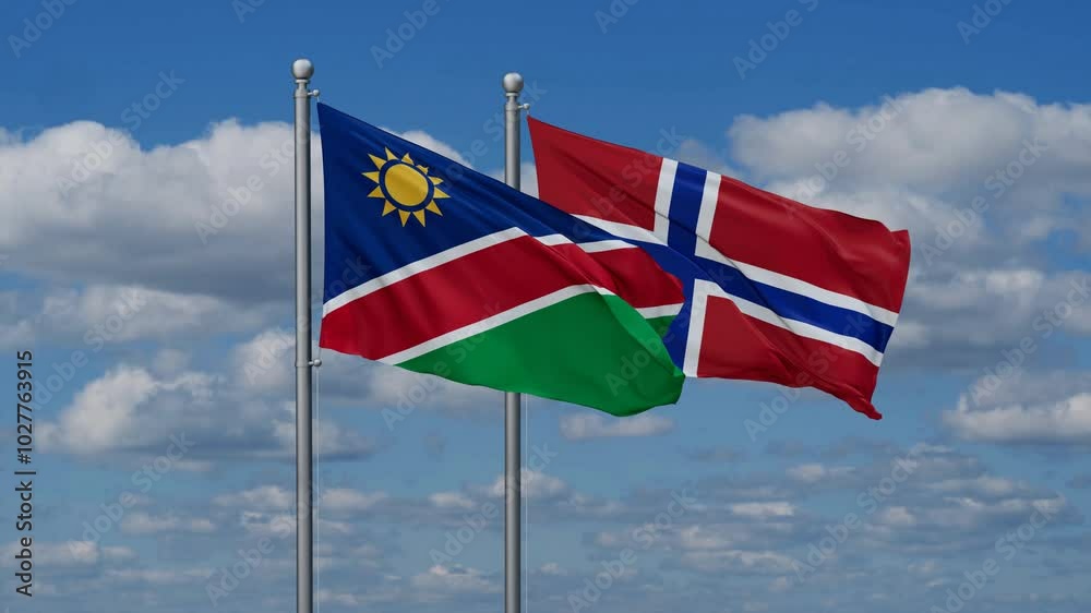 Norway and Namibia flags flying together, video concept of the relationship, two country relations concept Norway and Namibia flags flying together, video concept of the relationship, two country relations concept