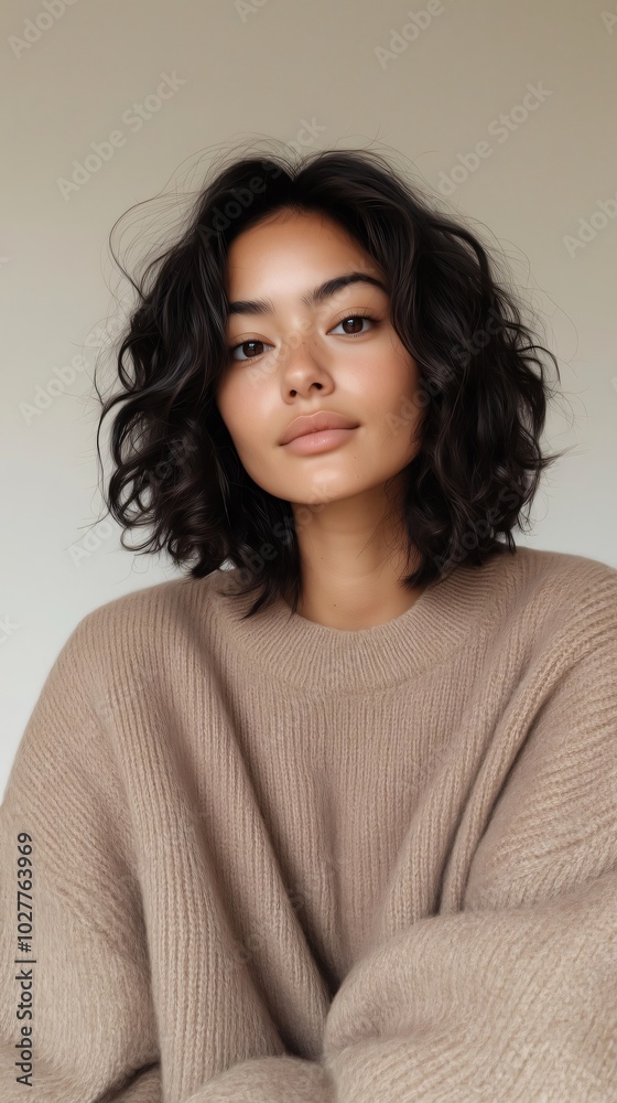Confident young woman posing in cozy studio, exuding elegance in beige sweater with soft brown hair, capturing modern fashion and feminine grace Confident young woman posing in cozy studio, exuding elegance in beige sweater with soft brown hair, capturing modern fashion and feminine grace