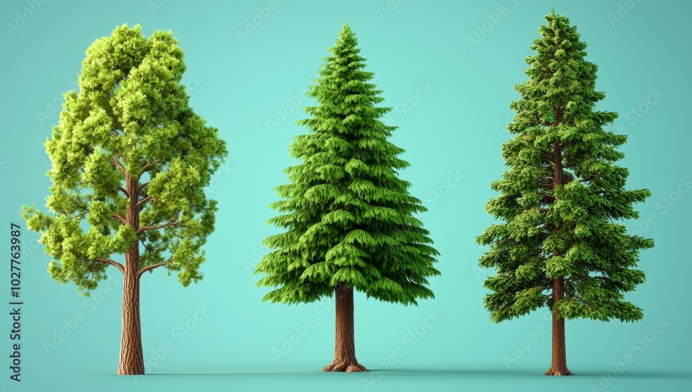 Trees and conifers fir tree forest high resolution arch viz cutout, 35 mm lens, 3D render Trees and conifers fir tree forest high resolution arch viz cutout, 35 mm lens, 3D render