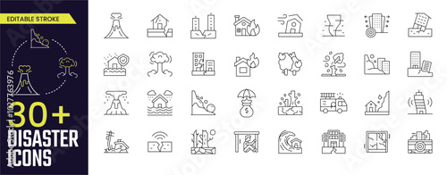 Disaster Stroke icon collections. Containing such as disaster, natural, simple, earthquake, icon, accident, and thunder icons. Editable Stroke icon collection Outline icon