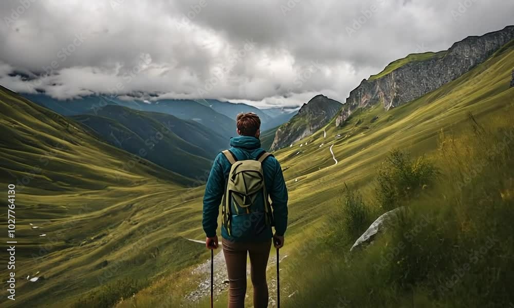 A lone hiker walks a winding path through lush green hills, a backpack on his shoulders and a walking stick in hand, with a mountain range and cloudy sky in the distance. A lone hiker walks a winding path through lush green hills, a backpack on his shoulders and a walking stick in hand, with a mountain range and cloudy sky in the distance.