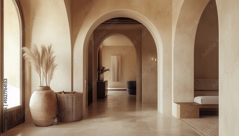 Fototapeta premium Boho, Mediterranean interior design of modern home entryway, hall with arched walls 