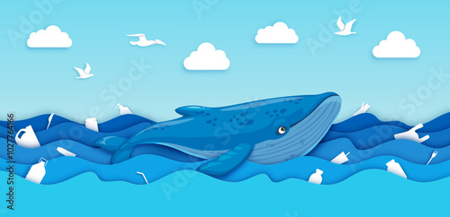 Plastic in the sea, whale in paper cut polluted ocean water waves with plastic bottles, bags and trash vector white silhouettes. Ecology, environment and nature protection 3d origami art banner
