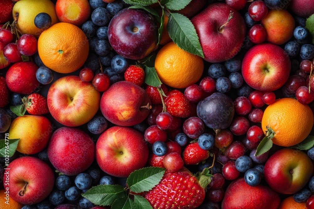 A vibrant mix of fresh fruits, including apples, peaches, oranges, plums, blueberries, strawberries, and cherries, create a colorful and appetizing background. A vibrant mix of fresh fruits, including apples, peaches, oranges, plums, blueberries, strawberries, and cherries, create a colorful and appetizing background.