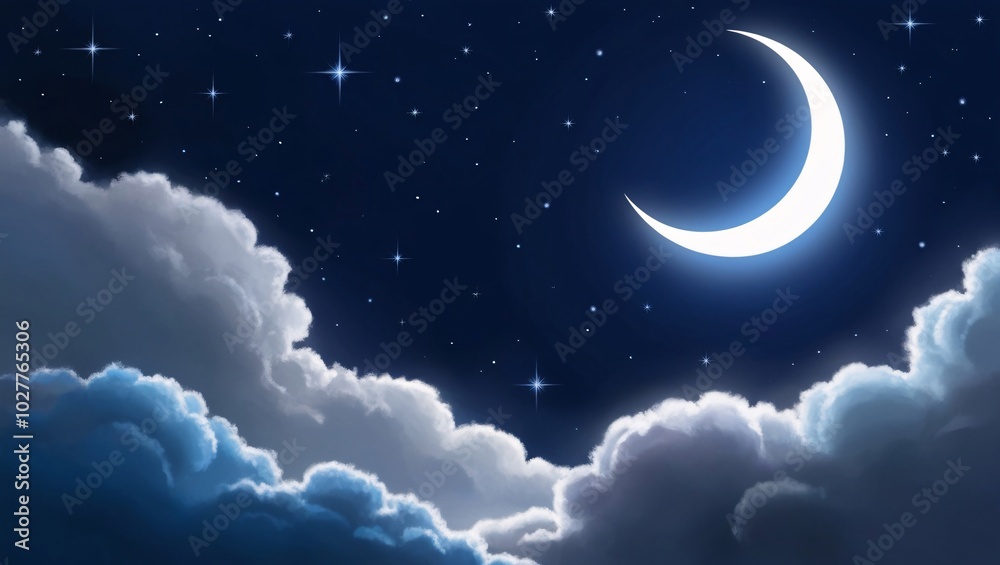 Night sky, crescent moon, stars, clouds, blue, celestial, dreamy, fantasy, peaceful, serene, mystical, magical, ethereal, heavenly, cosmic, astronomy, twilight, moonlight, starry, nighttime, atmospher Night sky, crescent moon, stars, clouds, blue, celestial, dreamy, fantasy, peaceful, serene, mystical, magical, ethereal, heavenly, cosmic, astronomy, twilight, moonlight, starry, nighttime, atmospher