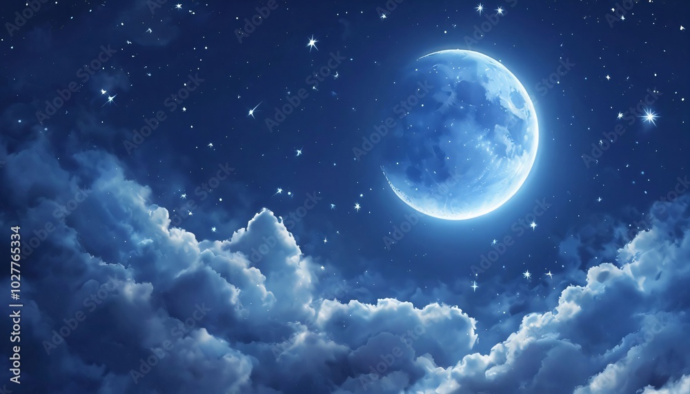 Obraz premium Night sky, crescent moon, stars, clouds, blue, celestial, dreamy, fantasy, peaceful, serene, mystical, magical, ethereal, heavenly, cosmic, astronomy, twilight, moonlight, starry, nighttime, atmospher