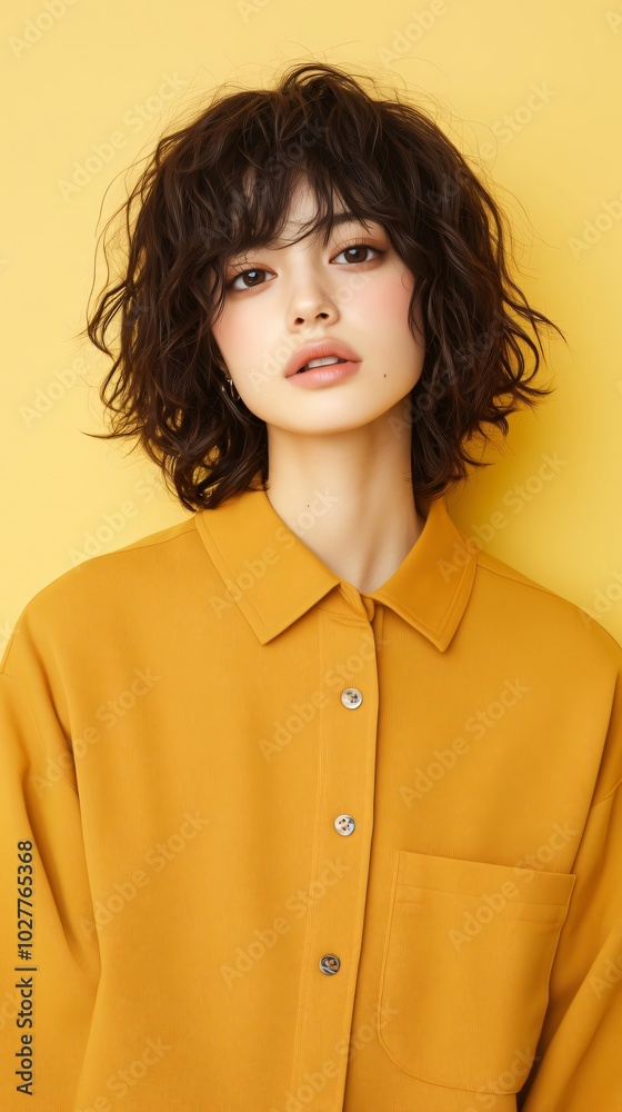 Stylish young woman of asian descent with dark hair posing against bright yellow background, showcasing modern beauty and fashion. Stand out as beautiful and confident model Stylish young woman of asian descent with dark hair posing against bright yellow background, showcasing modern beauty and fashion. Stand out as beautiful and confident model