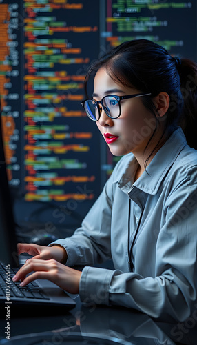 Young adult Asia female freelance eyeglasses typing write prompt AI bot IT app smart program nomad, video game, terminal with coding, user interface, designer, big data center on desktop computer is