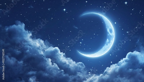 Night sky, crescent moon, stars, clouds, blue, celestial, dreamy, fantasy, peaceful, serene, mystical, magical, ethereal, heavenly, cosmic, astronomy, twilight, moonlight, starry, nighttime, atmospher photo