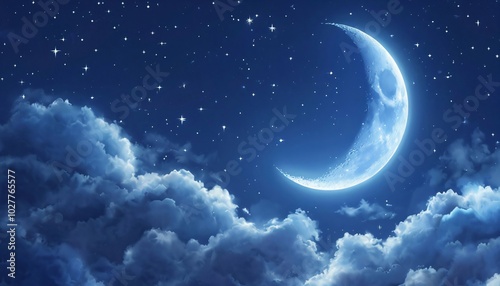 Night sky, crescent moon, stars, clouds, blue, celestial, dreamy, fantasy, peaceful, serene, mystical, magical, ethereal, heavenly, cosmic, astronomy, twilight, moonlight, starry, nighttime, atmospher