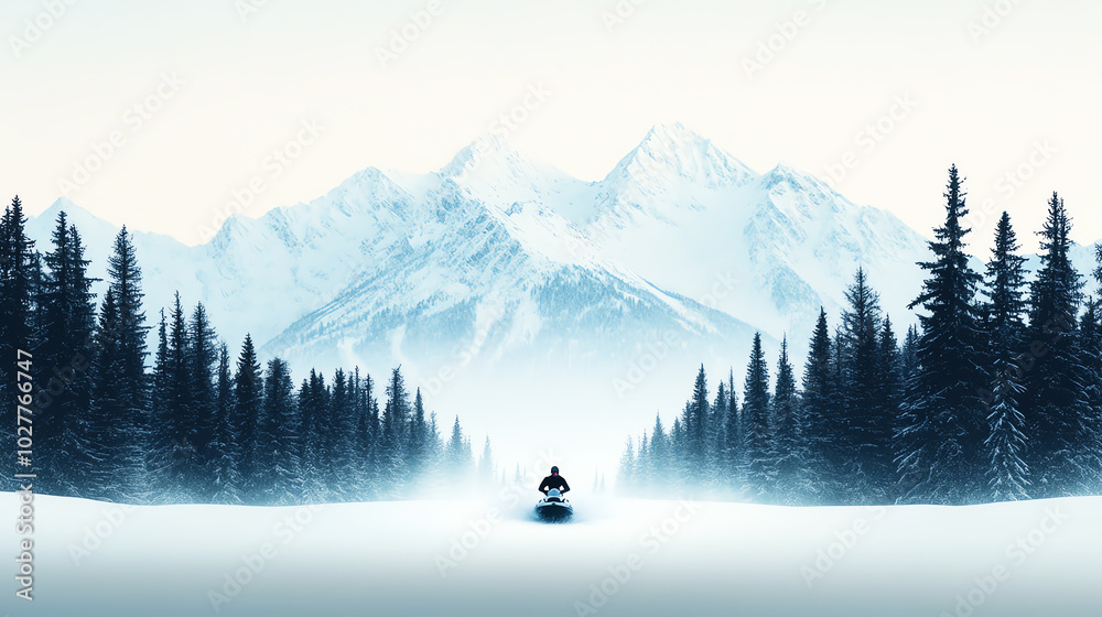 A serene winter landscape featuring snow-covered mountains shrouded in mist, with a snow-covered path leading through a forest of evergreen trees. A serene winter landscape featuring snow-covered mountains shrouded in mist, with a snow-covered path leading through a forest of evergreen trees.