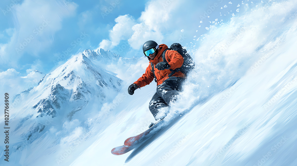 A skier descends a snowy slope against a backdrop of majestic mountains, showcasing adrenaline and winter adventure in a vibrant landscape. A skier descends a snowy slope against a backdrop of majestic mountains, showcasing adrenaline and winter adventure in a vibrant landscape.