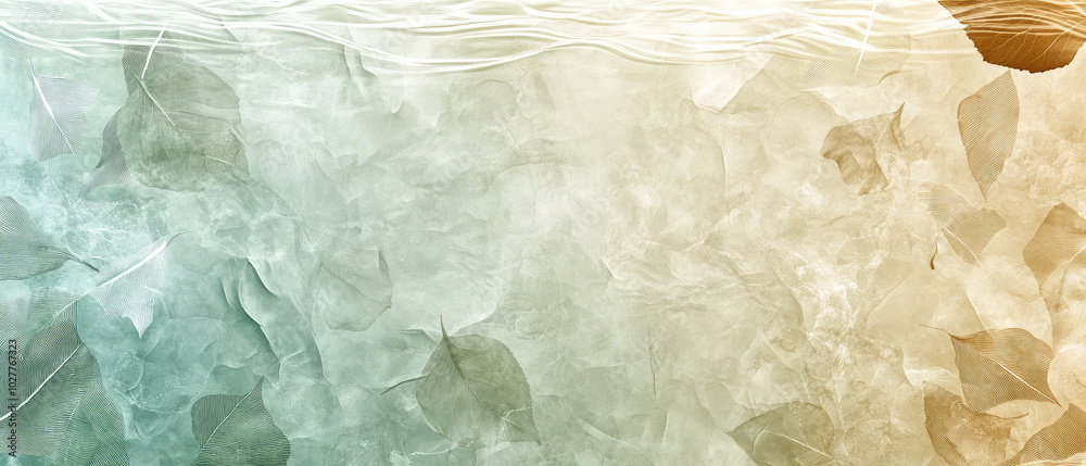 Obraz premium A modern abstract image showcasing detailed leaf textures embedded within a flowing gradient, merging elements of nature with calmness and fluid artistry.