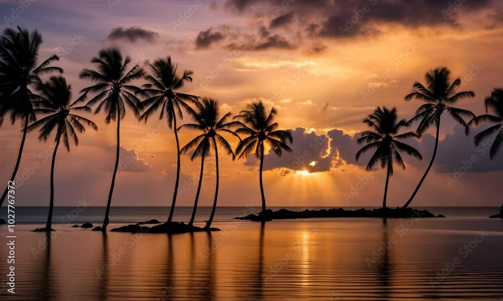 A serene sunset over a calm ocean with silhouetted palm trees. A serene sunset over a calm ocean with silhouetted palm trees.