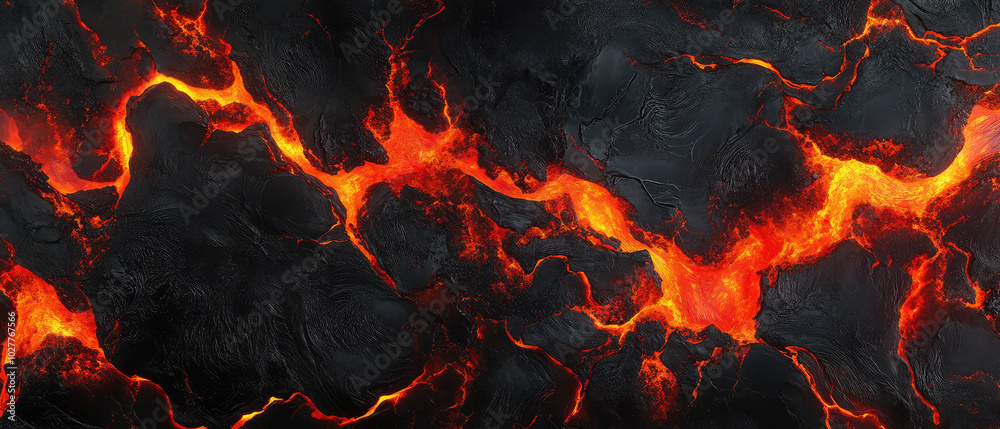 Striking image of molten lava cracks with intense, fiery orange glow against a contrasting black background, showcasing nature's raw and destructive power. Striking image of molten lava cracks with intense, fiery orange glow against a contrasting black background, showcasing nature's raw and destructive power.