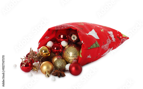 Santa Claus bag with Christmas balls isolated on white