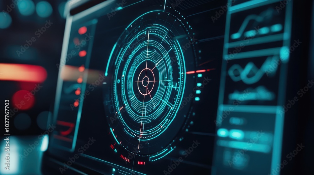 Professional setting with a detailed target chart on a digital monitor, showcasing key performance areas Professional setting with a detailed target chart on a digital monitor, showcasing key performance areas