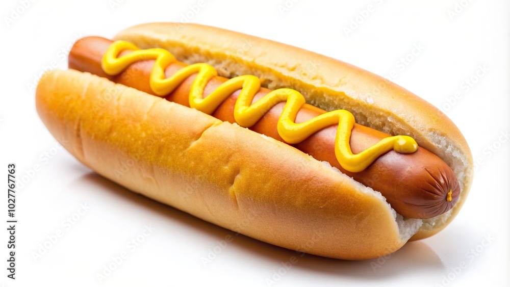close-up, fast food, delicious, sausage, picnic, condiment, macro, juicy, American cuisine, culinary, food, mustard, Yellow mustard hotdog isolated on white background Macro close-up, fast food, delicious, sausage, picnic, condiment, macro, juicy, American cuisine, culinary, food, mustard, Yellow mustard hotdog isolated on white background Macro
