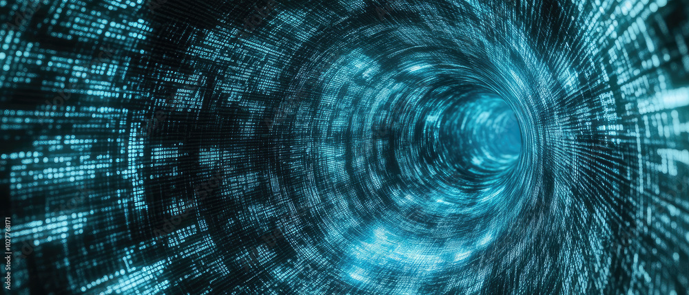 A digital tunnel bathed in ethereal blue hues, showcasing the rhythm of energy and data flow, embodying the harmonious blend of creativity and technology.