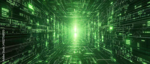 A stunning green digital tunnel, creating a sensation of being in a flow of data and information, symbolizing the depth and complexity of digital landscapes today.