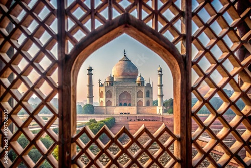 Taj Mahal, India, intricacy, marble, iconic, monument, historical, lattice, Agra, architecture, View of the Taj Mahal through a intricately designed lattice jali from the Agra Fort photo