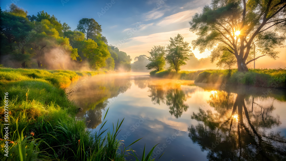 Misty Riverbank in the Morning with Soft Sunlight. Perfect for: Earth Day, Nature Walks, Riversides Misty Riverbank in the Morning with Soft Sunlight. Perfect for: Earth Day, Nature Walks, Riversides