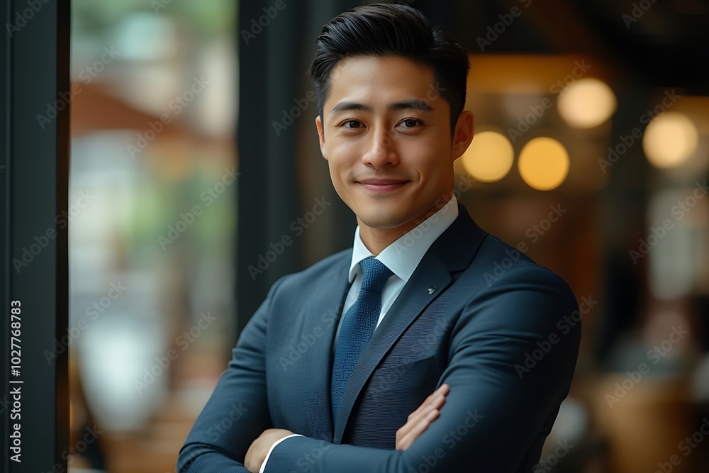 Confident Businessman in Suit by Window with a Blue Shirt Confident Businessman in Suit by Window with a Blue Shirt