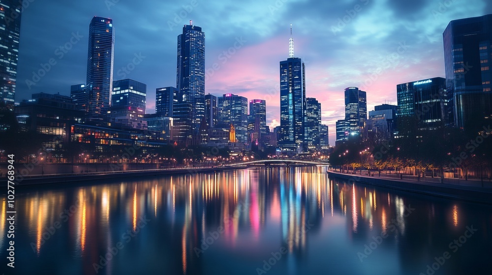 Fototapeta premium Skyscrapers in a modern city skyline at dusk, illuminated by warm lights, vibrant city life, reflection in the river, contemporary architecture, high-resolution details, night scene