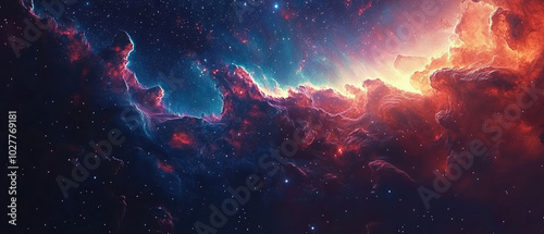 This image features a brilliant nebula with dynamic shapes and intense starlight colors, capturing the enchanting beauty and complexity of outer space exploration. photo